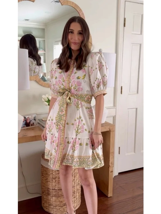 A Loves A linen blend floral belted puff sleeve dress - Picture 3 of 12